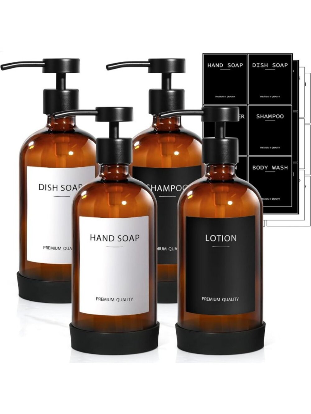 Set of 4 Amber Glass Soap Dispensers with Stainless Steel Pump - Modern Kitchen